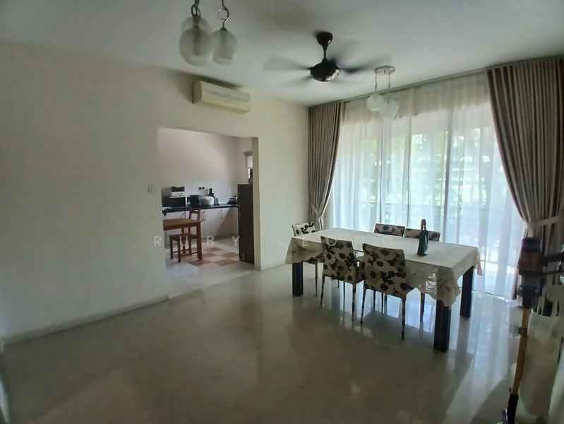 Dining features: dining table with floral tablecloth, 4 upholstered dining chairs, 5-blade ceiling fan with light, large glass sliding door, curtains, cream painted walls, marble tile flooring, air conditioning unit; style: modern; view: garden. Kitchen features: open kitchen layout, visible kitchen appliances, tile flooring; style: modern.