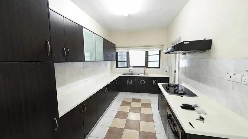 Kitchen features: dark wood cabinetry, white countertop, stainless-steel gas hob, built-in oven, double-basin sink, tile backsplash, ceramic tile flooring, window with blinds, recessed ceiling lights, open shelving, kitchen island, neutral wall color; style: modern.