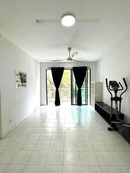 Living features: white painted walls, tile flooring, 5-blade ceiling fan with light, floor-to-ceiling sliding glass doors, blackout curtains, exercise machine, black TV console, white shelving unit, decorative wall frames, natural light from windows; style: modern; view: garden.