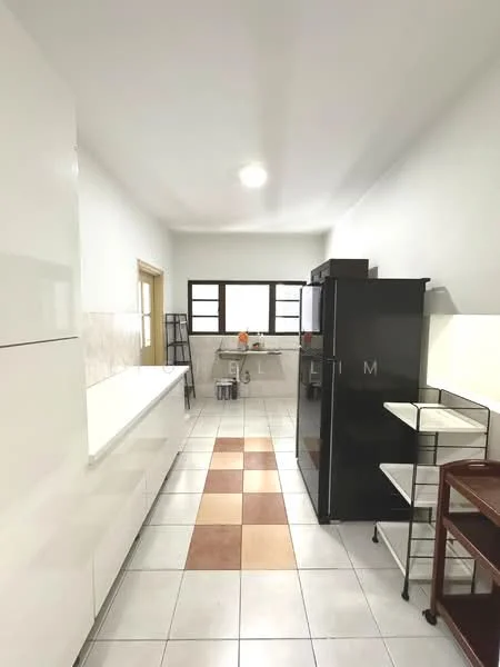 Kitchen features: white cabinetry, black refrigerator, white countertop, tile flooring with brown and cream pattern, double-basin stainless-steel sink, chrome faucet, window with grid design, overhead ceiling light, open shelving, kitchen cart, stainless-steel appliances; style: modern.