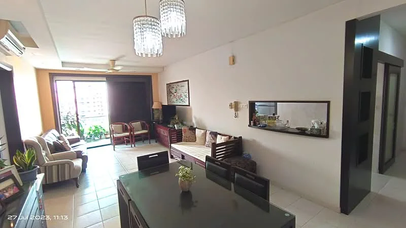 Living features: 3-seater fabric sofa in beige, 2 armchairs in striped fabric, wooden coffee table, TV console, wall-mounted TV, ceiling fan, recessed downlights, sliding glass door, floor-to-ceiling windows, decorative wall art, potted plants, area rug, dining table with chairs; style: modern; view: city.