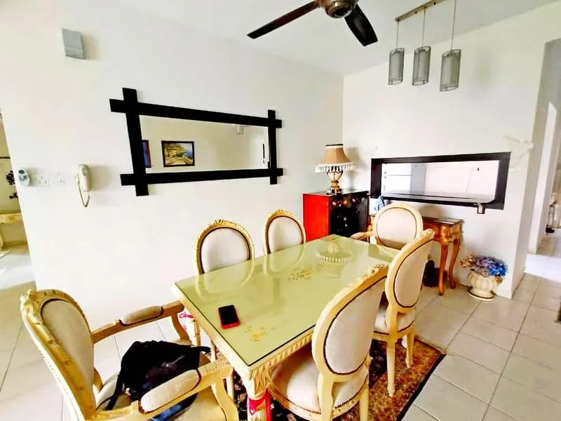 Dining features: 6-seater dining table with glass top, upholstered dining chairs with gold accents, ceiling fan, wall-mounted mirror, decorative wall art, lampshade on side table, white painted walls, tiled flooring; style: modern.