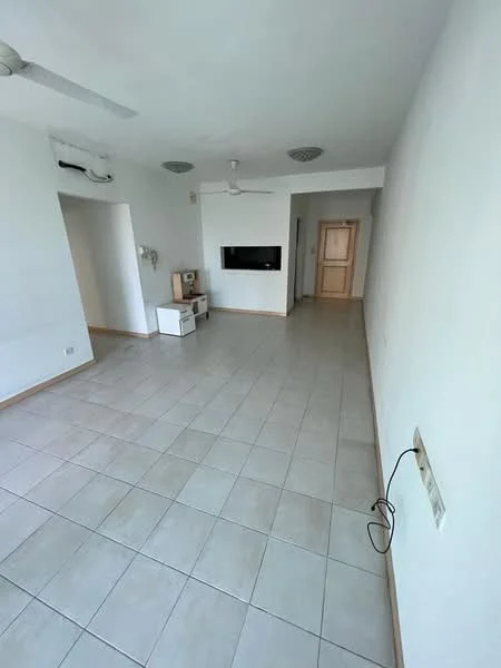 Living features: white painted walls, tile flooring, ceiling fan, wall-mounted TV, light switch, door leading to hallway, window with natural light, open layout; style: modern.