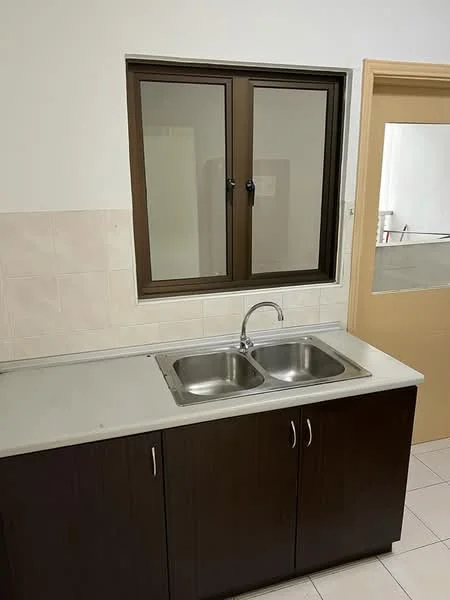 Kitchen features: double-bowl stainless-steel sink, chrome pull-down faucet, light-colored countertop, dark wood cabinetry, tile backsplash, white tiled walls, window with brown frame, floor tiles; style: modern.