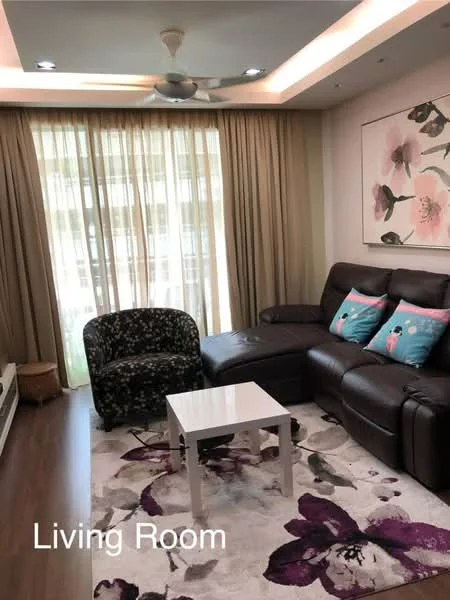 Living features: 3-seater brown leather sofa, floral patterned armchair, white coffee table, area rug with floral pattern, floor-to-ceiling windows, sheer curtains, recessed downlights, ceiling fan, decorative wall art with floral design, wooden flooring; style: modern.