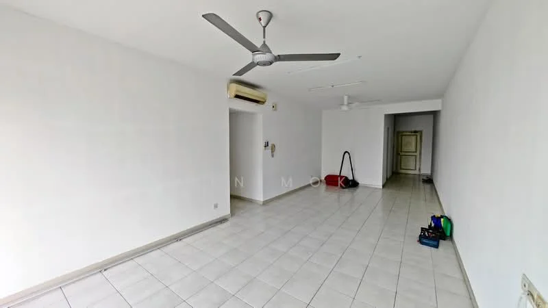 Living features: white painted walls, ceramic tile flooring, 5-blade ceiling fan, wall-mounted split AC, floor-to-ceiling windows, neutral color scheme, open layout, no visible furniture; style: minimalist.