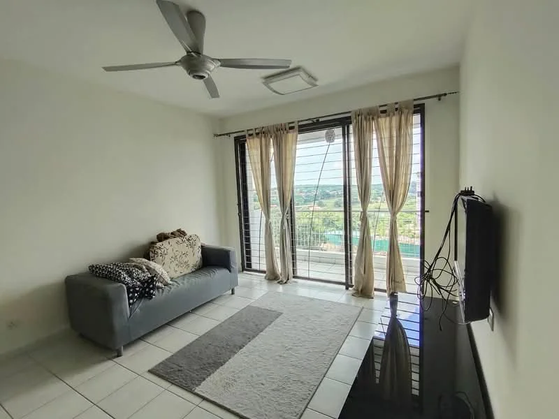 Living features: 3-seater fabric sofa in grey, area rug with geometric pattern, floor-to-ceiling windows, sheer curtains, ceiling fan, wall-mounted TV, white painted walls, tile flooring; style: modern; view: garden.