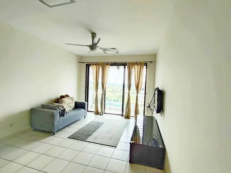 Living features: 3-seater fabric sofa in grey, area rug, floor-to-ceiling windows, sheer curtains, wall-mounted TV, TV console, ceiling fan, light-colored painted walls, tile flooring; style: modern; view: garden.