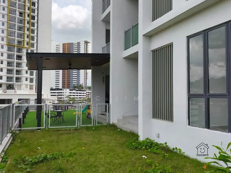 Exterior type: high-rise condominium; features: white painted facade, glass balcony railing, manicured lawn, outdoor seating area, concrete steps, surrounded by greenery, adjacent to other high-rise buildings; style: modern.