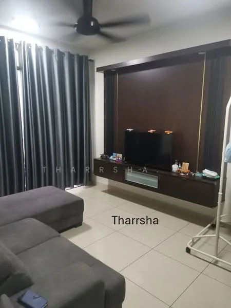 Living features: grey fabric sectional sofa, wall-mounted TV, TV console with storage, dark wood feature wall, cream tiled flooring, floor-to-ceiling curtains in grey, ceiling fan, decorative items on console; style: modern.