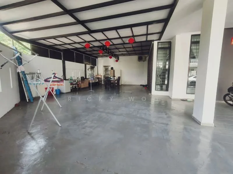 Room features: concrete flooring, exposed metal beams, white walls, large windows, hanging red lanterns, open layout, laundry drying rack, furniture, air conditioning unit, ceiling fan; style: modern.