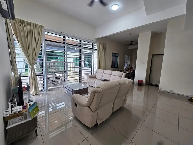 Living features: cream leather 3-seater sofa, cream leather 2-seater sofa, glass coffee table, wall-mounted TV, floor-to-ceiling windows, sliding glass door, white painted walls, recessed downlights, ceiling fan, tile flooring, curtains, decorative wall clock; style: modern; view: garden.