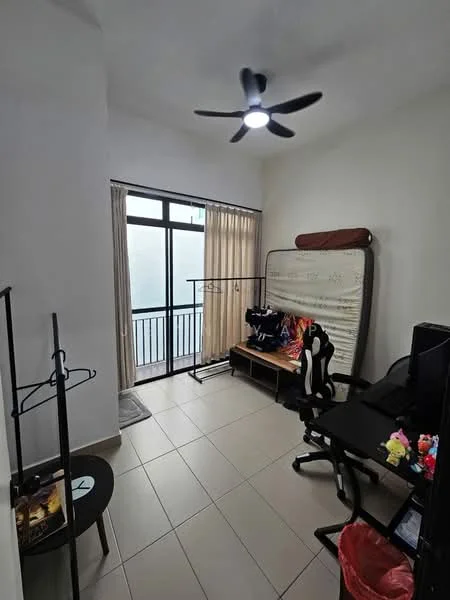 Room features: light grey tiled flooring, white painted walls, ceiling fan with light, floor-to-ceiling windows, sheer curtains, black metal coat rack, wooden bench, black office chair, computer desk, decorative items on desk, mattress leaning against wall, small round table; style: modern.