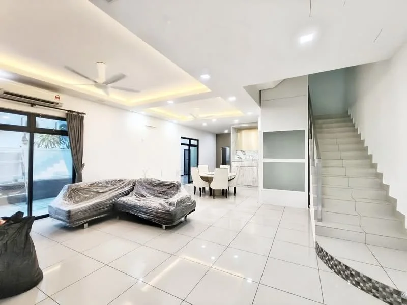 Living features: white painted walls, glossy ceramic tile flooring, 5-blade ceiling fan with light, sofa wrapped in plastic, dining table with chairs, recessed downlights, sliding glass door, curtains, staircase with white steps, open layout, wall-mounted TV, decorative wall panel; style: modern.