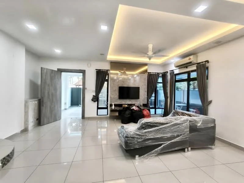 Living features: white painted walls, grey accent wall, polished ceramic tile flooring, recessed downlights, 5-blade ceiling fan with light, wall-mounted TV, TV console, large windows with sheer curtains, sofa wrapped in plastic, decorative wall paneling, open layout to adjacent area; style: modern.