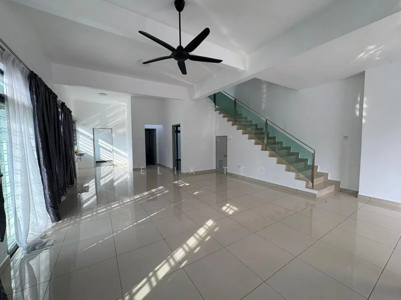 Living features: white painted walls, polished ceramic tile flooring, 5-blade ceiling fan with light, floor-to-ceiling windows, sliding glass door, curtains, staircase with glass railing, natural light from windows; style: modern.