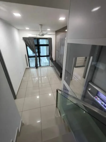 Room features: white painted walls, glossy ceramic tile flooring, recessed downlights, 5-blade ceiling fan, large glass sliding door, curtains, built-in cabinetry, staircase with glass railing; style: modern.