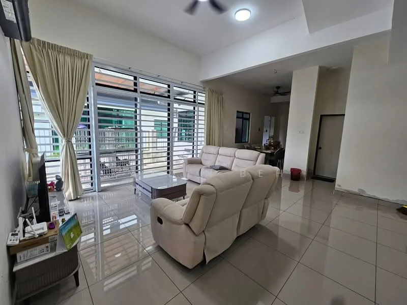 Living features: cream leather sofa, 2-seater sofa, 3-seater sofa, coffee table, wall-mounted TV, floor-to-ceiling windows, sheer curtains, ceiling fan, recessed downlights, polished tile flooring, light-colored walls; style: modern; view: garden.