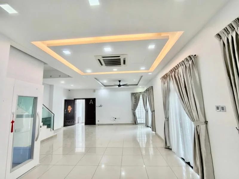 Living features: white painted walls, glossy ceramic tile flooring, tray ceiling with recessed lighting, 5-blade ceiling fan with light, floor-to-ceiling windows with sheer curtains, sliding glass door, wall-mounted air conditioning unit, decorative wall panel, neutral color scheme, open layout, natural light; style: modern.