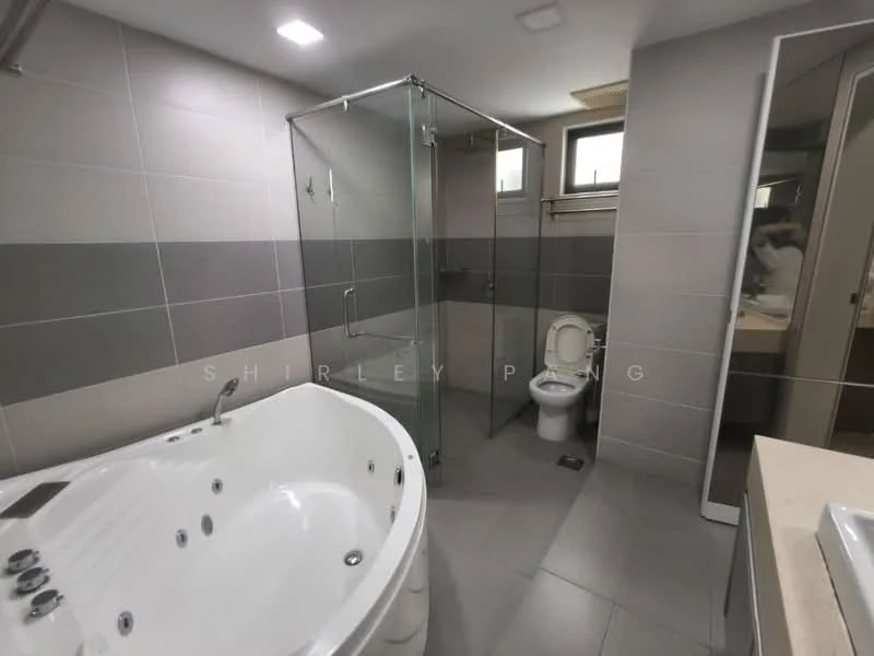 Bathroom features: freestanding bathtub with jets, walk-in shower with glass enclosure, chrome handheld shower, one-piece toilet, single-sink vanity with countertop, mirror above vanity, grey tiled walls, grey tiled flooring, recessed downlights; style: modern.