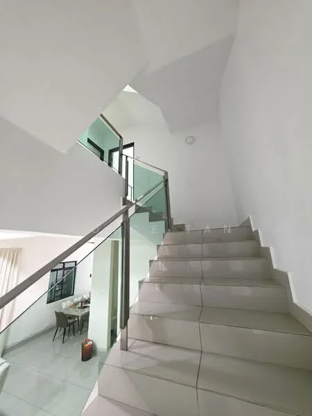Room features: white painted walls, staircase with tiled steps, glass railing, natural light from windows, recessed ceiling lights, neutral flooring, open space, modern design; style: modern.