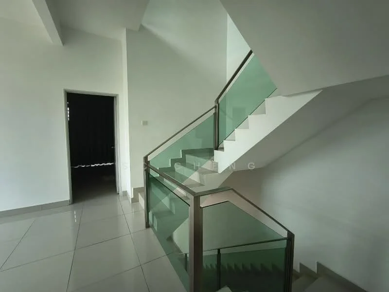 Room features: staircase with glass railing, white painted walls, grey tiled flooring, natural light from windows, doorway leading to another room, black curtains, open space design, modern architectural elements; style: modern.