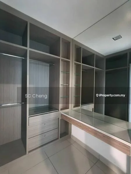 Room features: built-in wardrobe with open shelving, drawers in wood finish, mirror panel, glass shelves, neutral wall colour, tile flooring, recessed lighting, modern design; style: modern.
