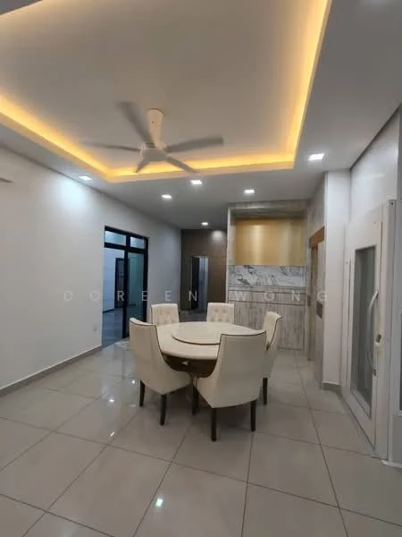 Dining features: round dining table, upholstered dining chairs, 5-blade ceiling fan with integrated LED light, recessed LED downlights, white painted walls, glossy tile flooring, marble backsplash, open layout to kitchen, large glass sliding door, decorative ceiling with cove lighting; style: modern.