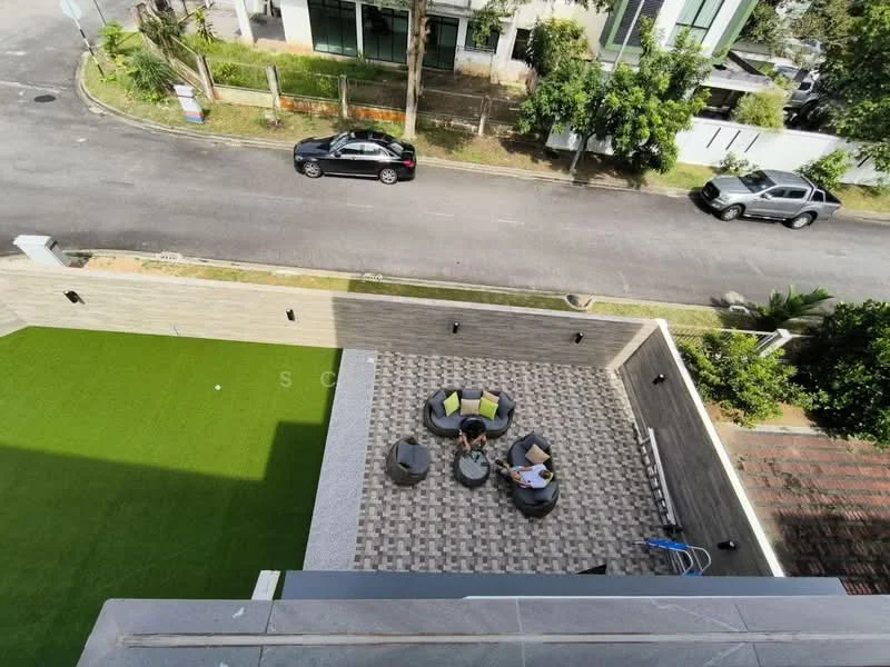 Exterior type: landscape garden; features: artificial grass lawn, paved patio area, outdoor seating arrangement with cushions, surrounding greenery, street view, nearby parked cars, wall-mounted outdoor lighting; style: modern.