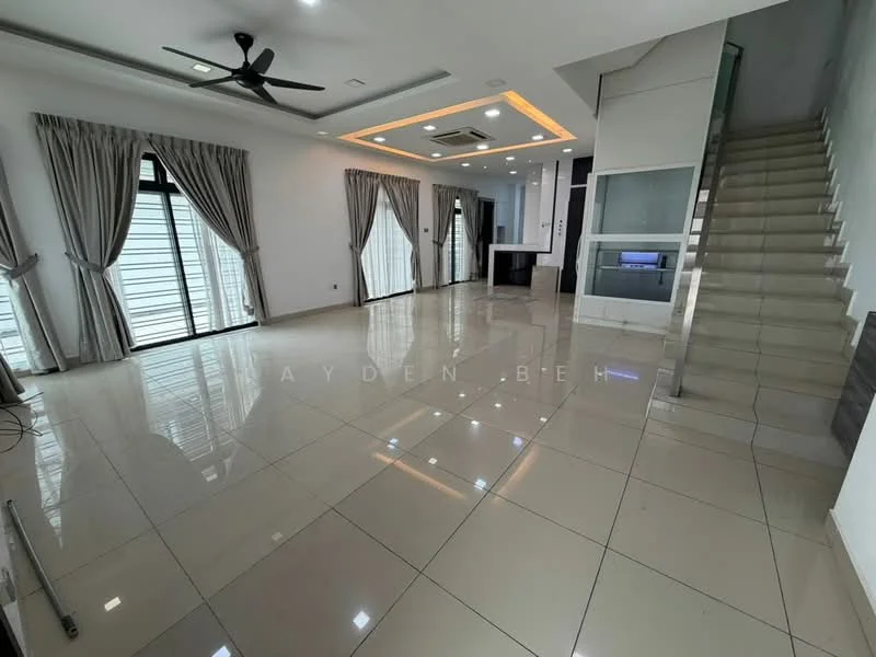 Living features: large floor-to-ceiling windows, white painted walls, cream tiled flooring, 5-blade ceiling fan, recessed downlights, curtains, open-plan layout, staircase leading to upper floor, built-in wall unit, air conditioning unit; style: modern.