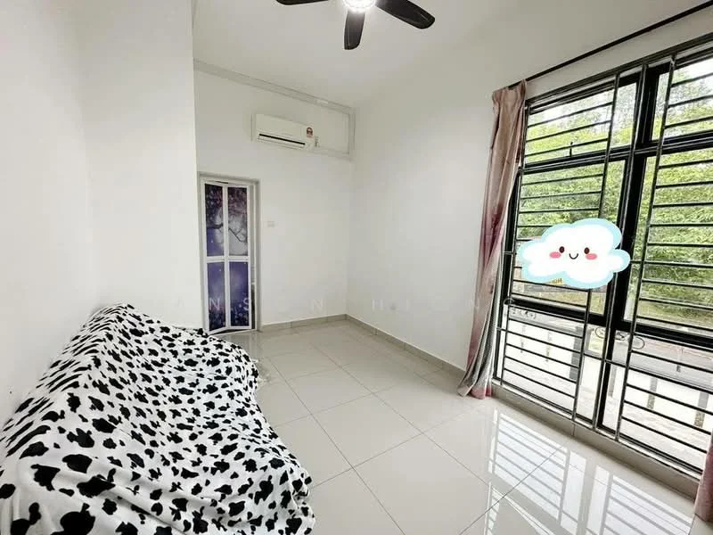 Room features: white painted walls, glossy tile flooring, ceiling fan, wall-mounted split AC, large sliding windows, curtains, sofa with cow print cover, natural light from windows; style: modern; view: garden.