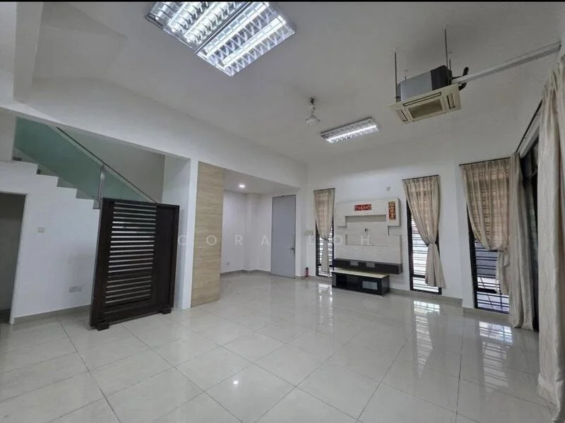 Living features: white painted walls, glossy ceramic tile flooring, recessed LED downlights, ceiling-mounted air conditioning unit, large windows with sheer curtains, sliding glass door, staircase with glass railing, built-in feature wall with TV console, decorative wall paneling, open layout, natural light from windows; style: modern.