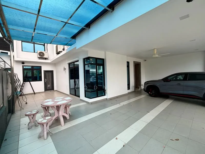 Exterior type: linked terrace house; features: covered car porch, outdoor dining area with round table and stools, sliding glass doors, floor-to-ceiling windows, grey tiled flooring, white painted walls, ceiling fan, blue polycarbonate roof, manicured landscaping, driveway with interlocking pavers; style: modern.