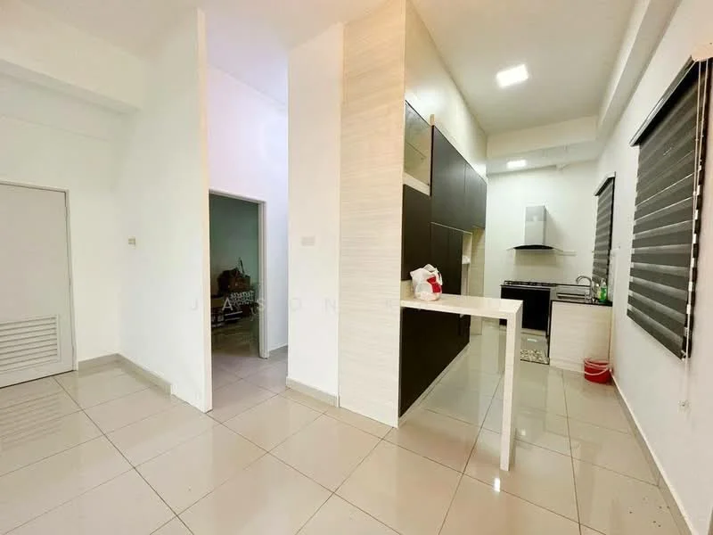 Kitchen features: white painted walls, light grey cabinetry, black countertop, stainless-steel sink, chrome pull-down faucet, built-in oven, stove with hood, tile flooring, recessed downlights, window with blinds; style: modern. Living features: white painted walls, tile flooring, recessed downlights, open layout, space for dining table, sliding window with blinds; style: modern. Room features: white painted walls, tile flooring.