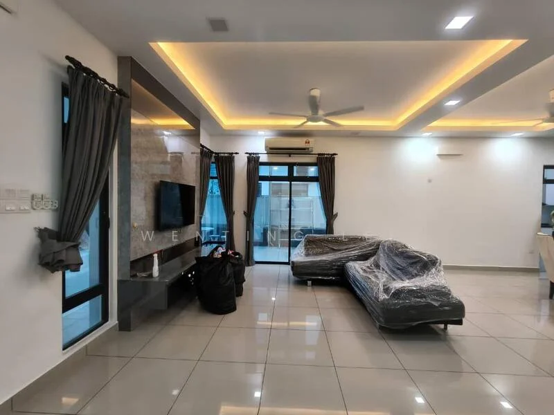 Living features: grey tiled flooring, white painted walls, recessed ceiling with LED strip lighting, 5-blade ceiling fan, floor-to-ceiling windows, blackout curtains, wall-mounted TV, stone feature wall, two black sofas wrapped in plastic, coffee table, open layout, natural light from windows; style: modern.