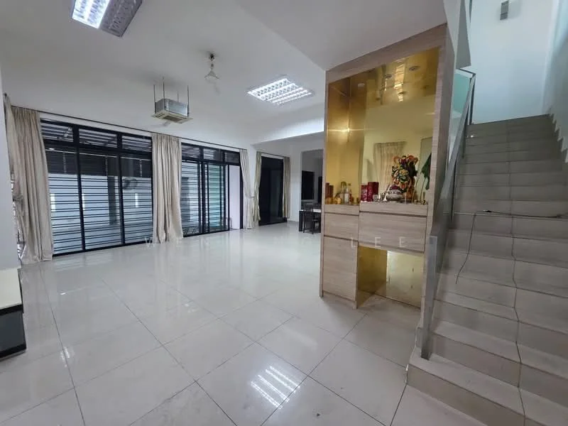 Living features: white painted walls, polished ceramic tile flooring, recessed downlights, floor-to-ceiling windows, sheer curtains, air conditioning unit, open layout, decorative wall feature, staircase with tiled steps; style: modern.