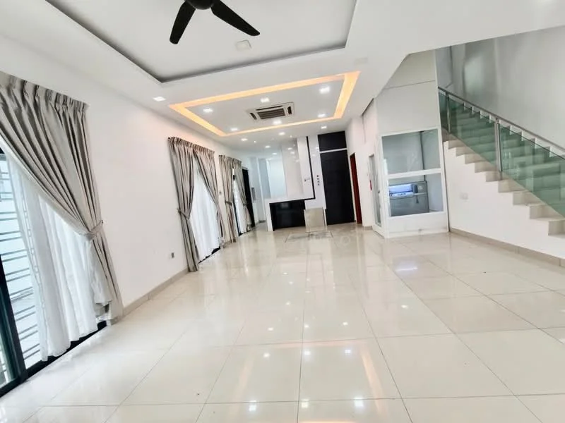 Living features: white painted walls, glossy ceramic tile flooring, tray ceiling with recessed lighting, 5-blade ceiling fan, floor-to-ceiling windows, sheer curtains, open layout to kitchen, staircase with glass railing; style: modern.