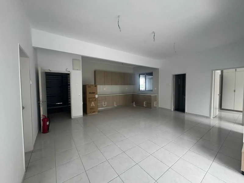 Living features: white painted walls, tile flooring, recessed downlights, open layout, large windows, kitchen cabinetry, fire extinguisher, neutral color scheme, no visible furniture; style: modern.