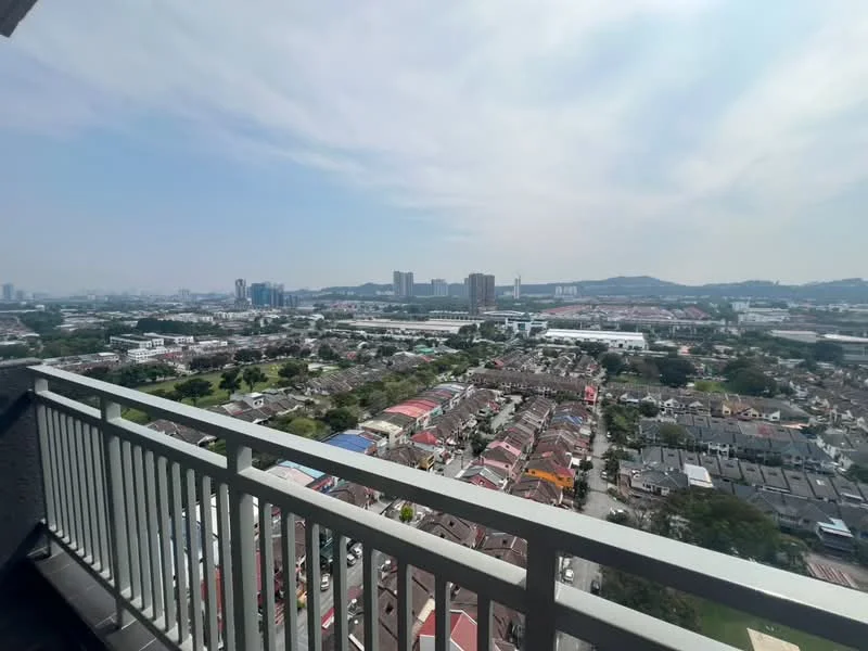 Exterior type: high-rise condominium; features: balcony with railing, city skyline view, surrounded by residential areas, green spaces visible, urban landscape, distant high-rise buildings; style: modern.