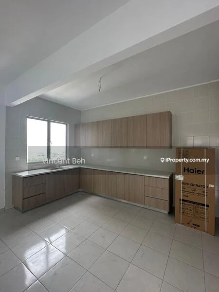 Kitchen features: light grey tiled flooring, white painted walls, flat-panel wooden cabinetry in light brown, grey countertop, single-bowl stainless-steel sink, window with view to the outside, unboxed refrigerator, no visible appliances other than refrigerator; style: modern.