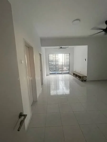 Living features: white painted walls, glossy tile flooring, 5-blade ceiling fan, floor-to-ceiling windows, sliding glass door, natural light, neutral color palette, built-in storage unit; style: modern; view: city.