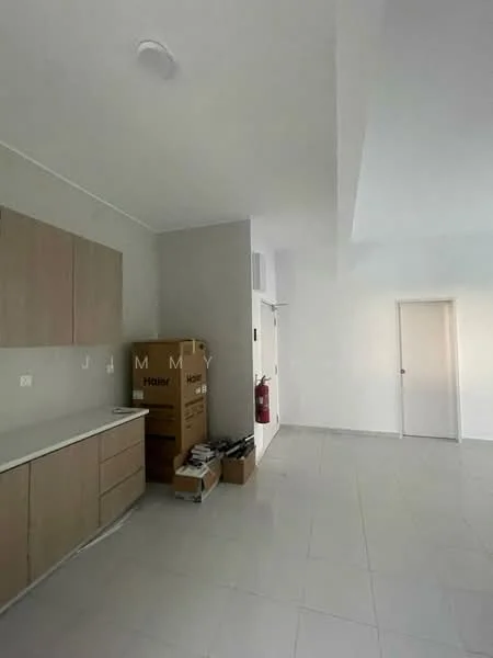 Room features: light grey painted walls, white ceiling, white floor tiles, kitchen cabinetry with wood finish, empty countertop, cardboard boxes, fire extinguisher on wall, door leading to another room; style: modern.