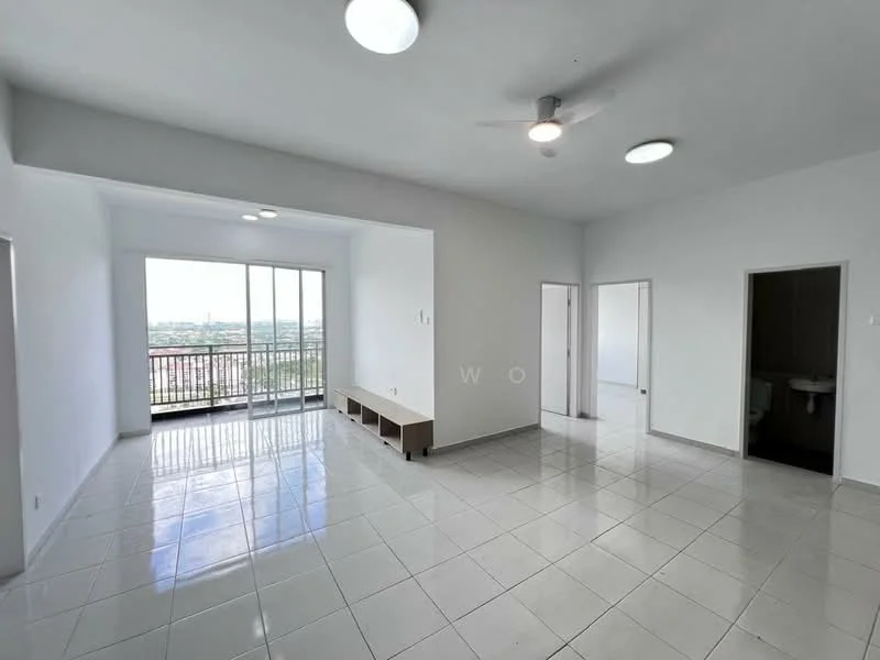 Living features: white painted walls, glossy white tile flooring, 5-blade ceiling fan, recessed downlights, floor-to-ceiling windows, sliding glass door, balcony access, built-in bench seating, neutral color palette, open layout, natural light, city view; style: modern; view: city. Room features: white painted walls, glossy white tile flooring, doorway to bathroom, doorway to bedroom, neutral color palette.