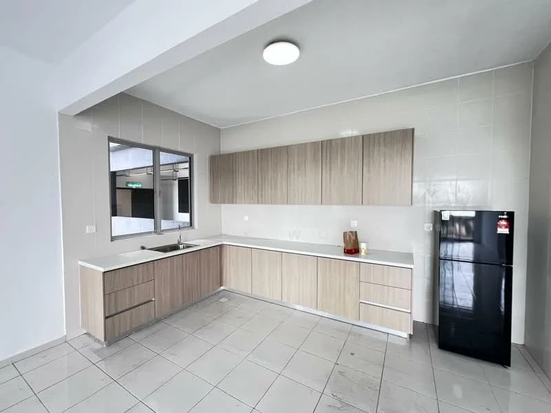 Kitchen features: L-shaped kitchen layout, light wood cabinetry, white countertop, single-bowl stainless-steel sink, chrome pull-down faucet, built-in kitchen cabinets, black fridge, ceramic tile flooring, white tiled walls, recessed ceiling light; style: modern.