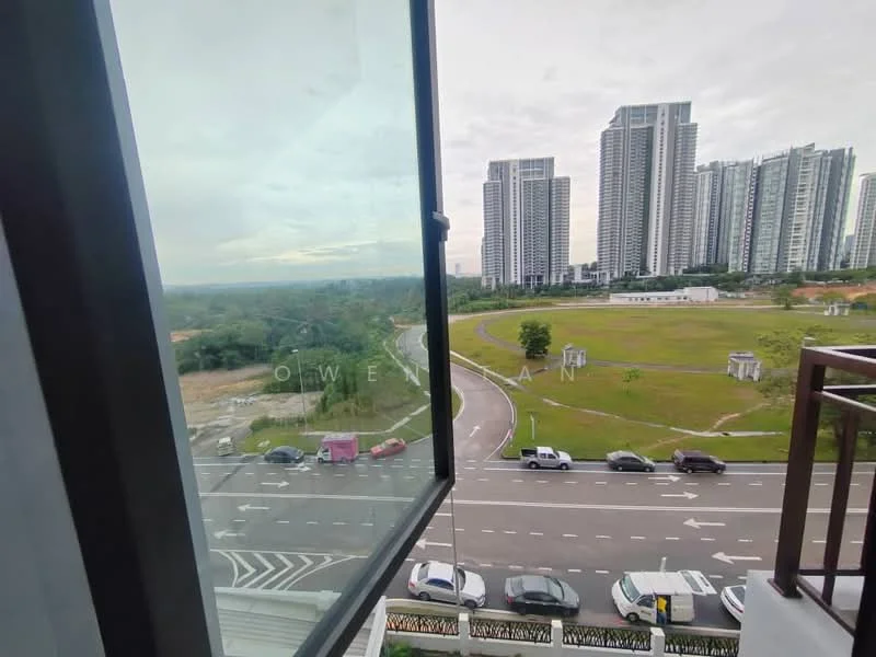 Exterior type: high-rise condominium; features: city skyline view, surrounded by greenery, roadway visible, parking area visible, modern architecture, multiple high-rise buildings; style: modern.