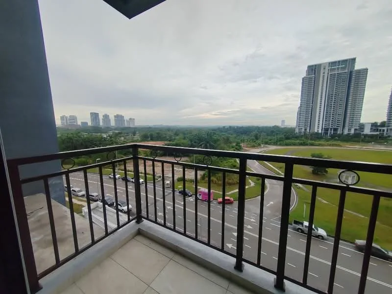Room features: balcony with metal railing, floor tiles, city skyline view, green landscape view, overlooking road, surrounding buildings; style: modern; view: city.