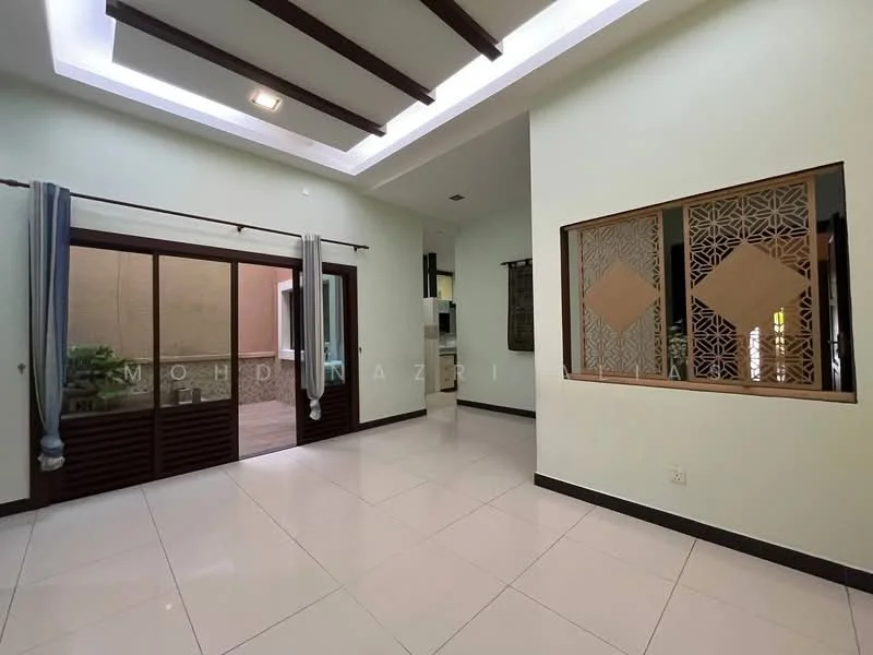 Living features: white painted walls, cream tiled flooring, exposed wooden beams on ceiling, floor-to-ceiling sliding glass doors, sheer curtains, decorative partition with geometric pattern, recessed ceiling lights, open layout to outdoor area; style: modern; view: garden.