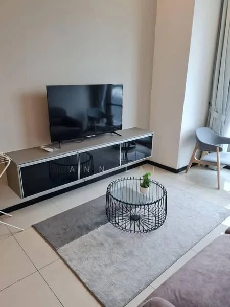 Living features: flat-screen TV on media console, black media console with glass doors, round coffee table with wire frame, area rug in grey, beige sofa, floor-to-ceiling windows, curtains, light-colored walls, tile flooring; style: modern.