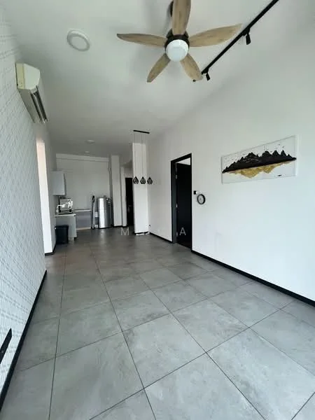 Room features: grey tile flooring, white painted walls, ceiling fan with wooden blades, wall-mounted split AC, track lighting, black door, decorative wall art, open layout; style: modern.