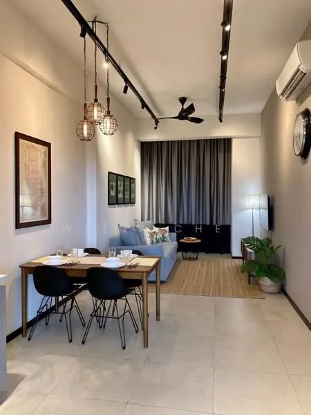 Living features: 3-seater fabric sofa in light blue, 4-seater dining table with wooden top, black dining chairs, pendant lights with wire cages, recessed downlights, ceiling fan, wall-mounted TV, area rug with natural fibers, decorative wall art, curtains in dark grey, potted plant; style: modern.